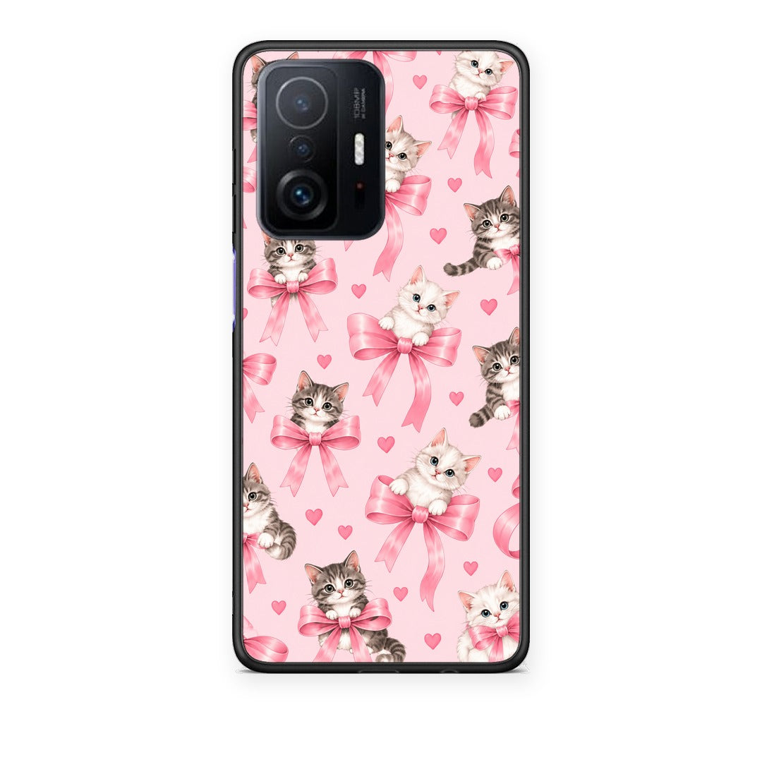 Θήκη Xiaomi 11T / 11T Pro Kittens and Pink Bows on Pink από τη Smartfits με σχέδιο στο πίσω μέρος και μαύρο περίβλημα | Xiaomi 11T / 11T Pro Kittens and Pink Bows on Pink case with colorful back and black bezels