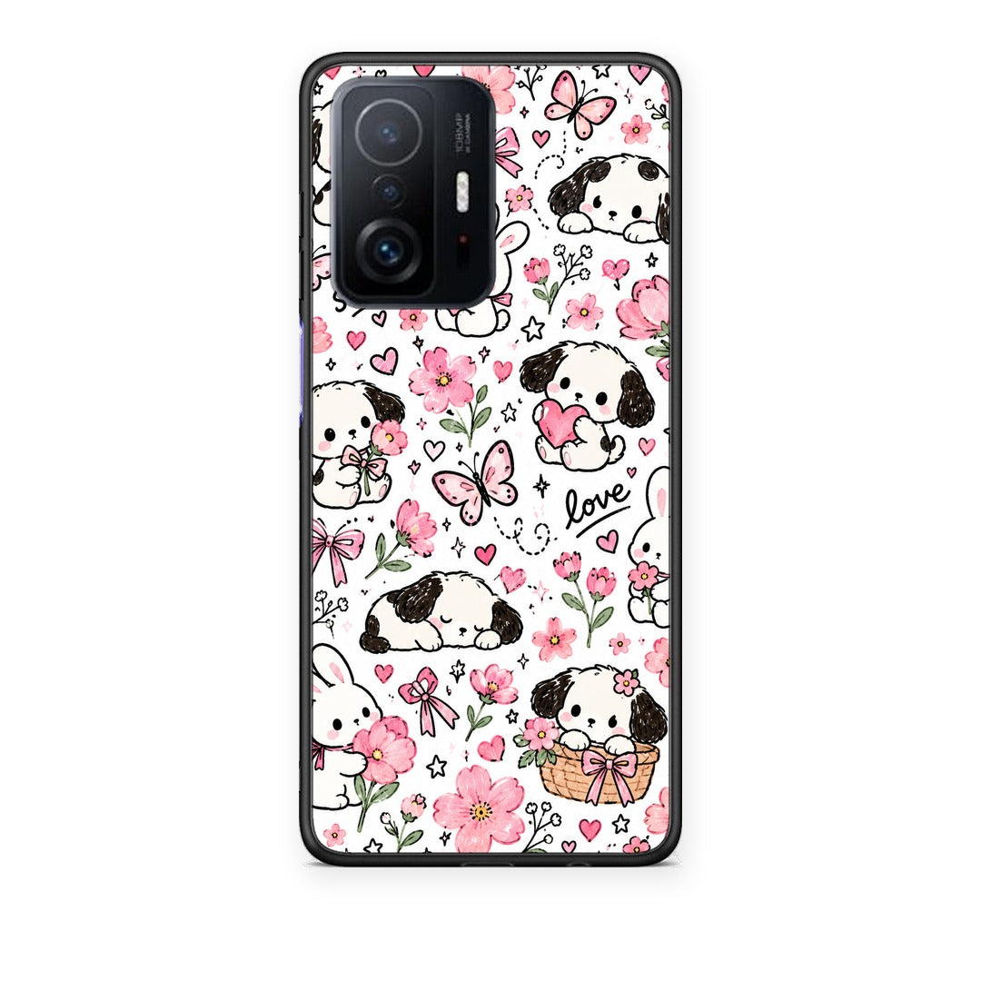 Θήκη Xiaomi 11T / 11T Pro Pink Florals Puppies and Bunnies on White από τη Smartfits με σχέδιο στο πίσω μέρος και μαύρο περίβλημα | Xiaomi 11T / 11T Pro Pink Florals Puppies and Bunnies on White case with colorful back and black bezels