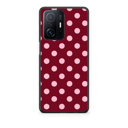 Θήκη Xiaomi 11T / 11T Pro Pink Polka Dots on Burgundy από τη Smartfits με σχέδιο στο πίσω μέρος και μαύρο περίβλημα | Xiaomi 11T / 11T Pro Pink Polka Dots on Burgundy case with colorful back and black bezels