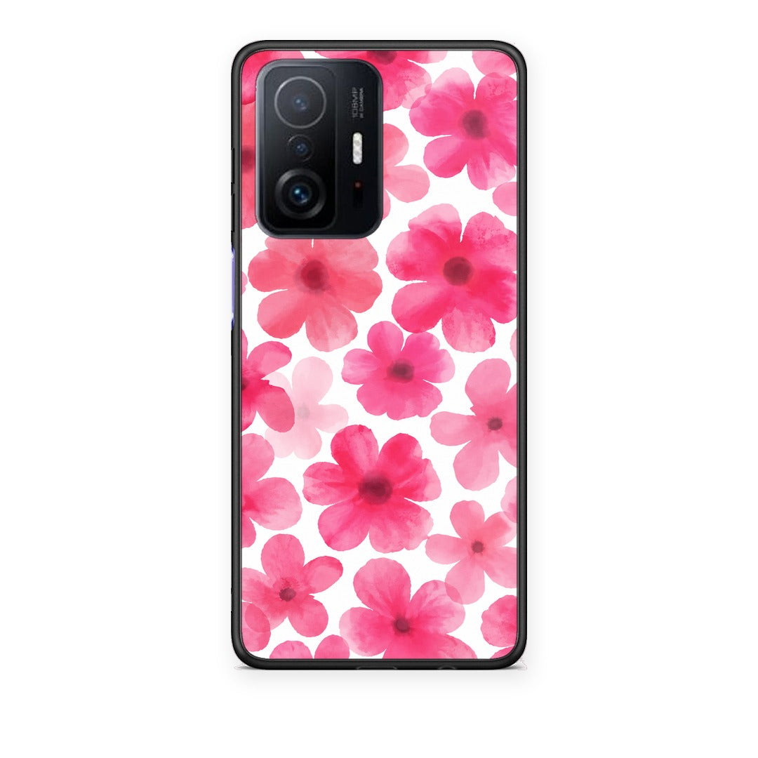 Θήκη Xiaomi 11T / 11T Pro Pink Watercolour Flowers on White από τη Smartfits με σχέδιο στο πίσω μέρος και μαύρο περίβλημα | Xiaomi 11T / 11T Pro Pink Watercolour Flowers on White case with colorful back and black bezels