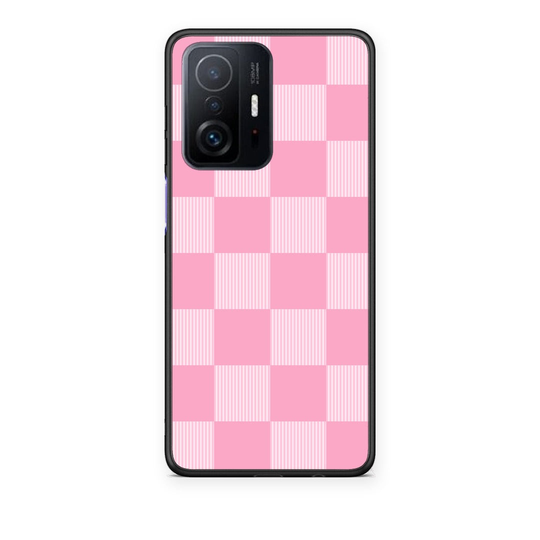 Θήκη Xiaomi 11T / 11T Pro Pink and White Striped Checks από τη Smartfits με σχέδιο στο πίσω μέρος και μαύρο περίβλημα | Xiaomi 11T / 11T Pro Pink and White Striped Checks case with colorful back and black bezels