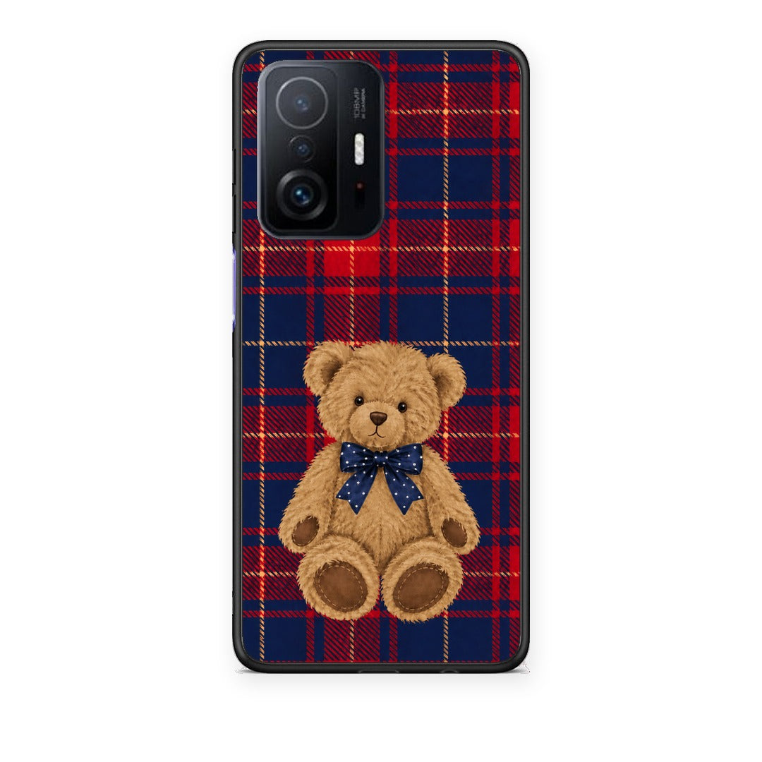 Θήκη Xiaomi 11T / 11T Pro Teddy Bear on Red and Navy Tartan από τη Smartfits με σχέδιο στο πίσω μέρος και μαύρο περίβλημα | Xiaomi 11T / 11T Pro Teddy Bear on Red and Navy Tartan case with colorful back and black bezels