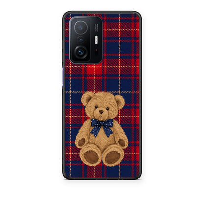 Θήκη Xiaomi 11T / 11T Pro Teddy Bear on Red and Navy Tartan από τη Smartfits με σχέδιο στο πίσω μέρος και μαύρο περίβλημα | Xiaomi 11T / 11T Pro Teddy Bear on Red and Navy Tartan case with colorful back and black bezels
