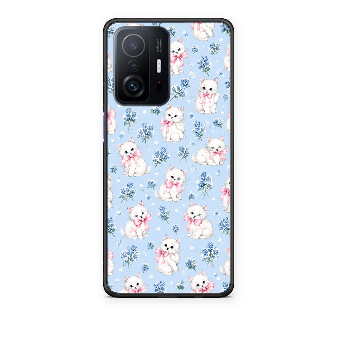 Θήκη Xiaomi 11T / 11T Pro White Kittens and Blue Flowers Small από τη Smartfits με σχέδιο στο πίσω μέρος και μαύρο περίβλημα | Xiaomi 11T / 11T Pro White Kittens and Blue Flowers Small case with colorful back and black bezels