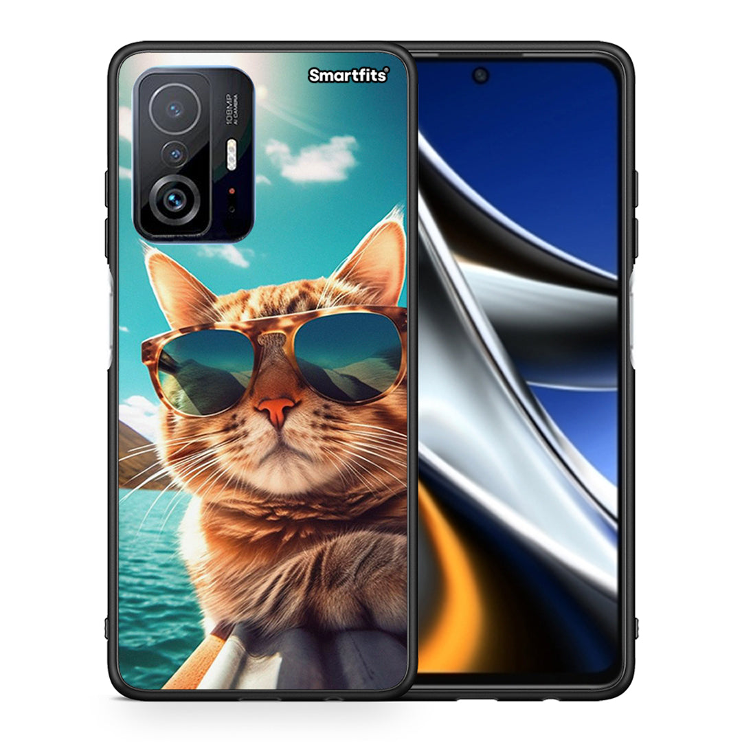 Θήκη Xiaomi 11T/11T Pro Summer Cat από τη Smartfits με σχέδιο στο πίσω μέρος και μαύρο περίβλημα | Xiaomi 11T/11T Pro Summer Cat case with colorful back and black bezels