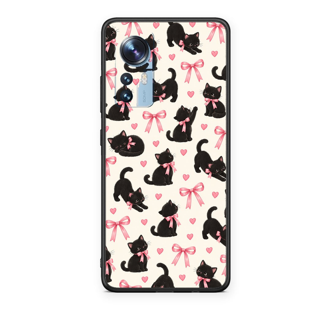 Θήκη Xiaomi 12 / 12X 5G Black Kittens and Pink Bows on Cream Small από τη Smartfits με σχέδιο στο πίσω μέρος και μαύρο περίβλημα | Xiaomi 12 / 12X 5G Black Kittens and Pink Bows on Cream Small case with colorful back and black bezels
