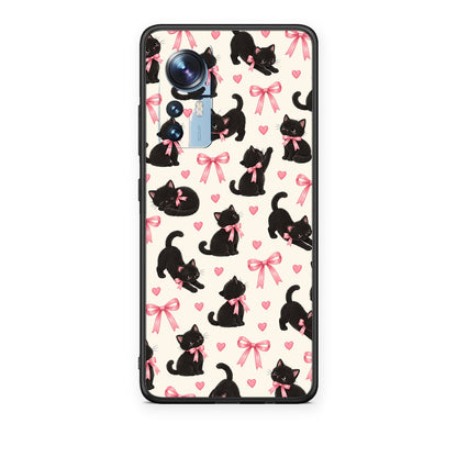 Θήκη Xiaomi 12 / 12X 5G Black Kittens and Pink Bows on Cream Small από τη Smartfits με σχέδιο στο πίσω μέρος και μαύρο περίβλημα | Xiaomi 12 / 12X 5G Black Kittens and Pink Bows on Cream Small case with colorful back and black bezels
