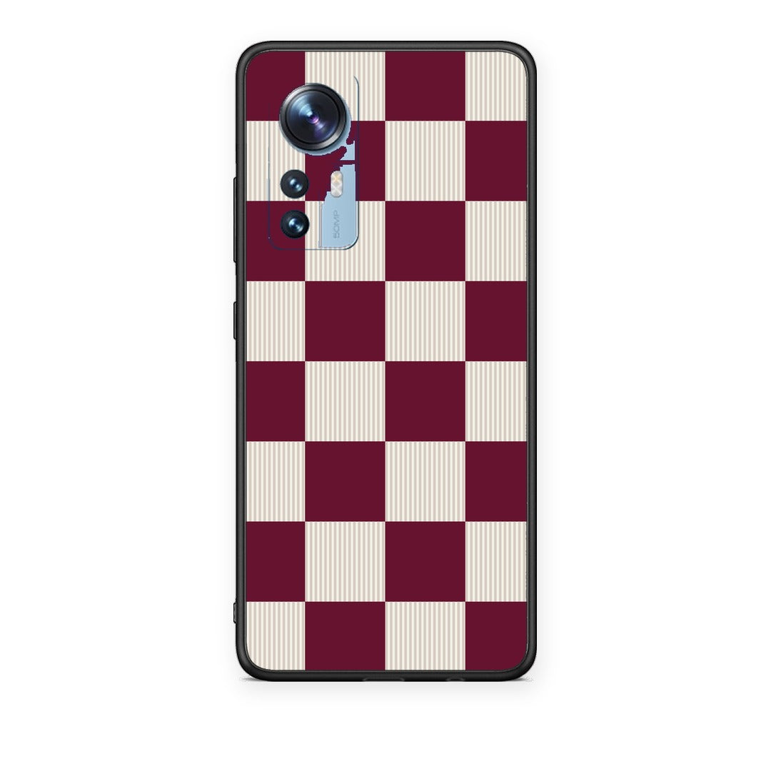 Θήκη Xiaomi 12 / 12X 5G Burgundy and Cream Striped Checks από τη Smartfits με σχέδιο στο πίσω μέρος και μαύρο περίβλημα | Xiaomi 12 / 12X 5G Burgundy and Cream Striped Checks case with colorful back and black bezels