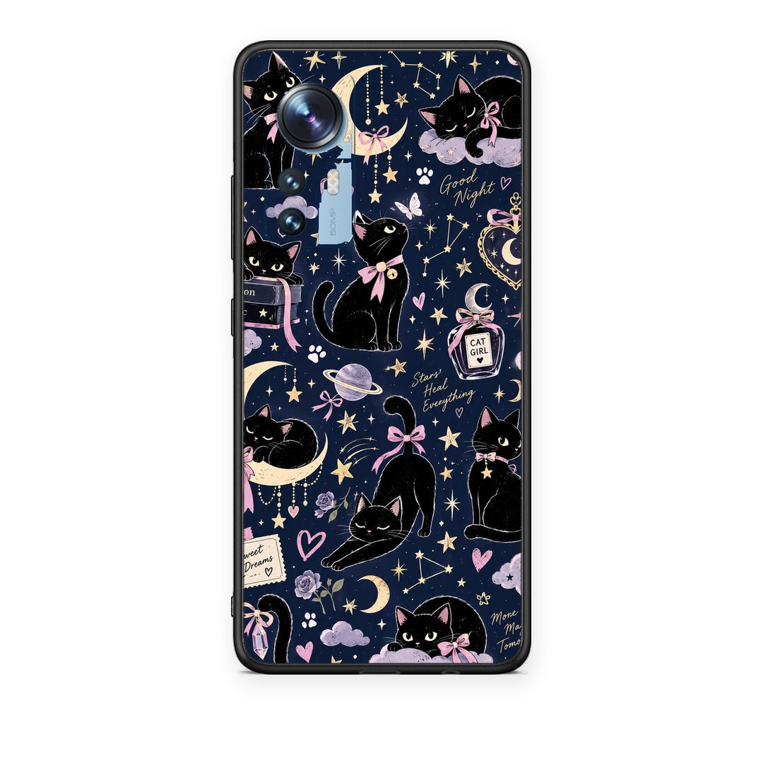 Θήκη Xiaomi 12 / 12X 5G Celestial Black Cats on Navy από τη Smartfits με σχέδιο στο πίσω μέρος και μαύρο περίβλημα | Xiaomi 12 / 12X 5G Celestial Black Cats on Navy case with colorful back and black bezels