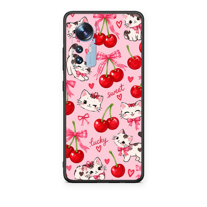 Θήκη Xiaomi 12 / 12X 5G Cherries Bows and Kittens on Pink από τη Smartfits με σχέδιο στο πίσω μέρος και μαύρο περίβλημα | Xiaomi 12 / 12X 5G Cherries Bows and Kittens on Pink case with colorful back and black bezels