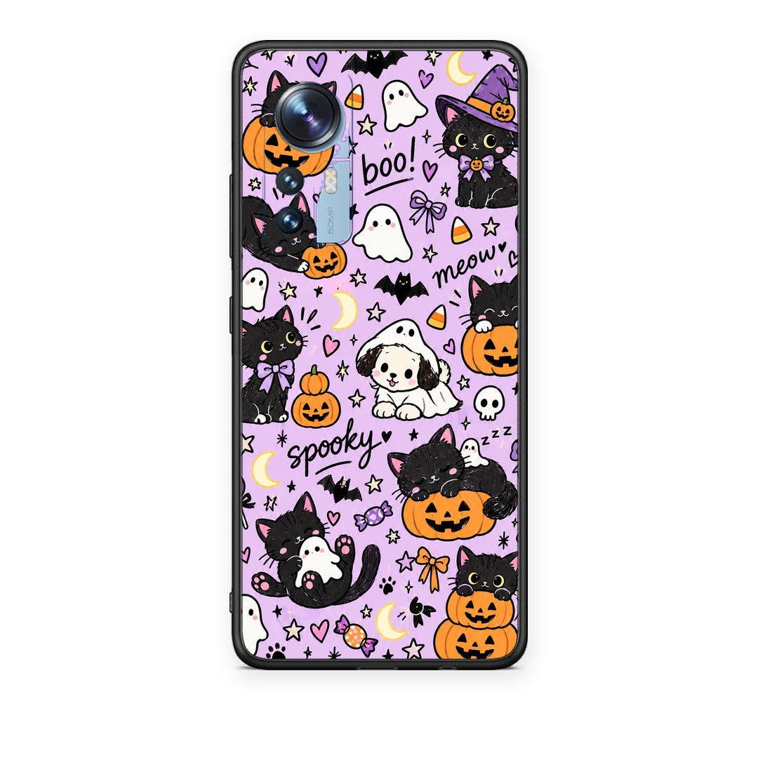 Θήκη Xiaomi 12 / 12X 5G Halloween Black Cats on Lilac από τη Smartfits με σχέδιο στο πίσω μέρος και μαύρο περίβλημα | Xiaomi 12 / 12X 5G Halloween Black Cats on Lilac case with colorful back and black bezels