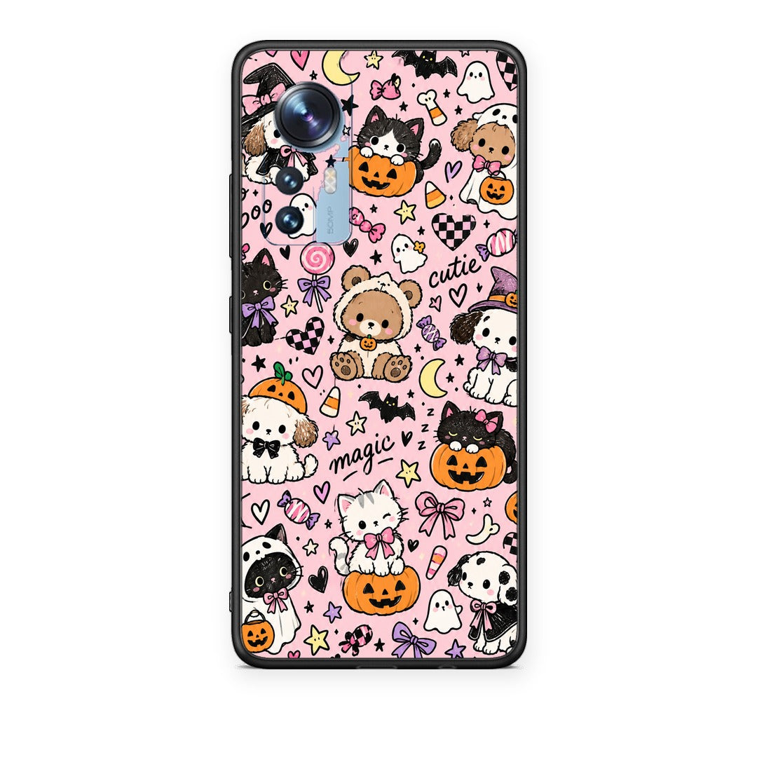 Θήκη Xiaomi 12 / 12X 5G Halloween Cute Animals on Pink από τη Smartfits με σχέδιο στο πίσω μέρος και μαύρο περίβλημα | Xiaomi 12 / 12X 5G Halloween Cute Animals on Pink case with colorful back and black bezels