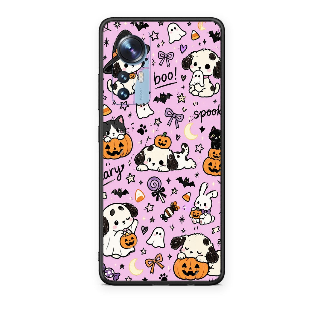 Θήκη Xiaomi 12 / 12X 5G Halloween Puppies and Friends on Lilac από τη Smartfits με σχέδιο στο πίσω μέρος και μαύρο περίβλημα | Xiaomi 12 / 12X 5G Halloween Puppies and Friends on Lilac case with colorful back and black bezels