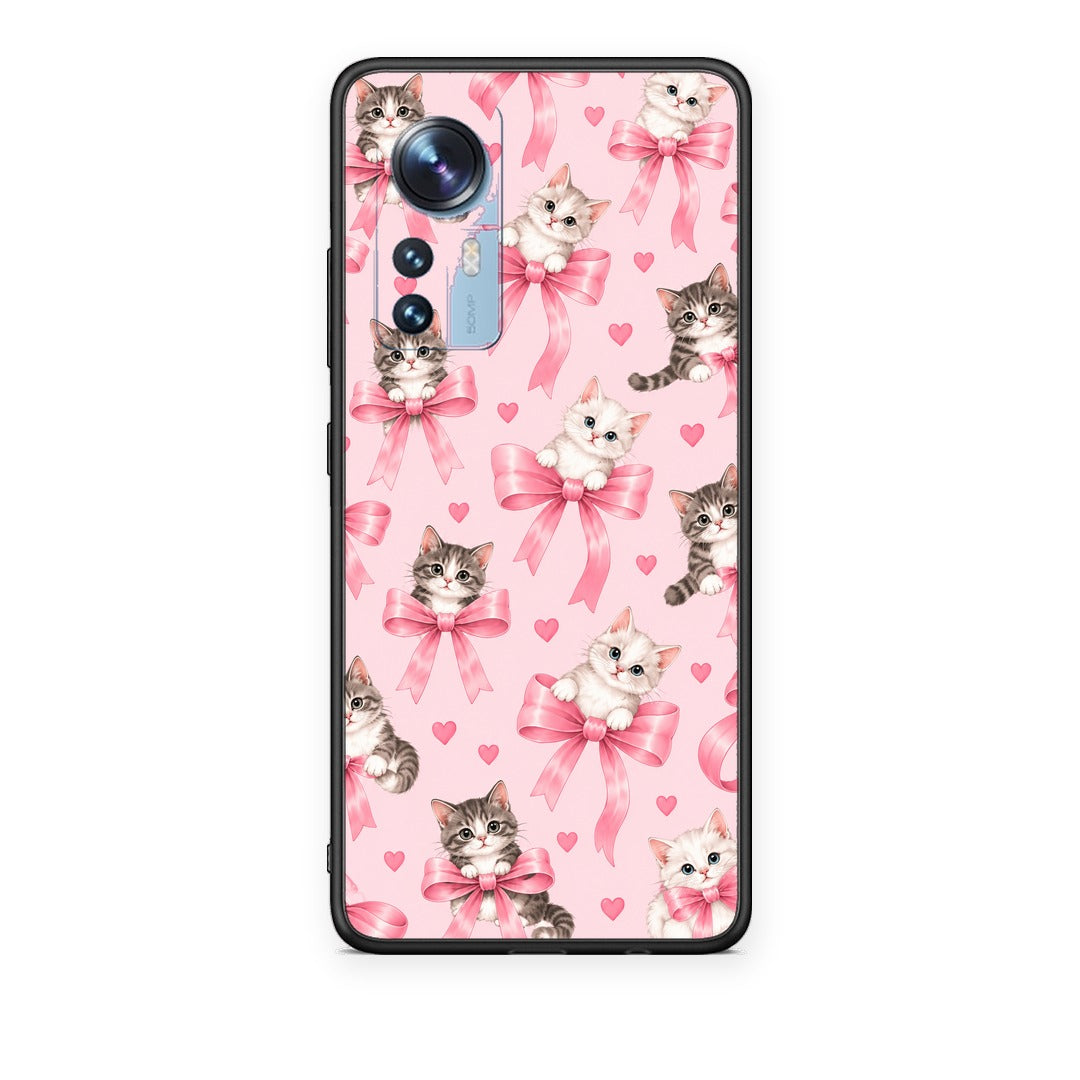 Θήκη Xiaomi 12 / 12X 5G Kittens and Pink Bows on Pink από τη Smartfits με σχέδιο στο πίσω μέρος και μαύρο περίβλημα | Xiaomi 12 / 12X 5G Kittens and Pink Bows on Pink case with colorful back and black bezels