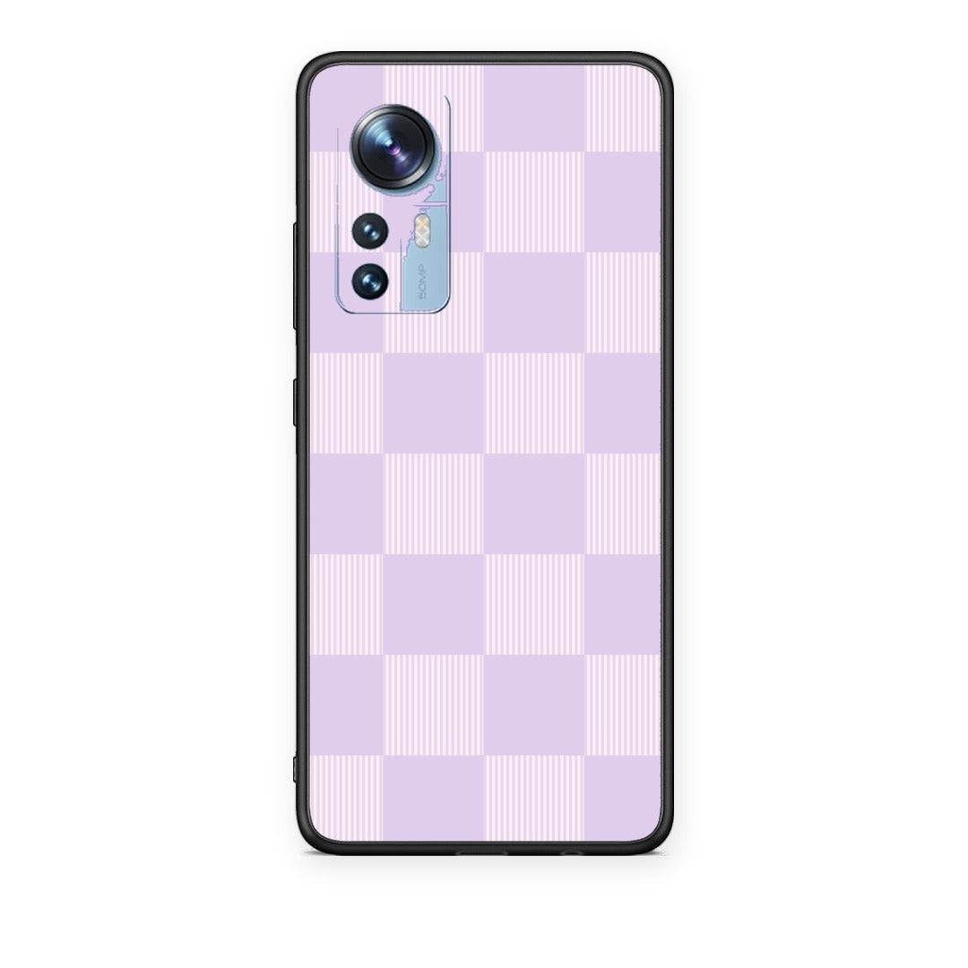 Θήκη Xiaomi 12 / 12X 5G Lilac and Cream Striped Checks από τη Smartfits με σχέδιο στο πίσω μέρος και μαύρο περίβλημα | Xiaomi 12 / 12X 5G Lilac and Cream Striped Checks case with colorful back and black bezels