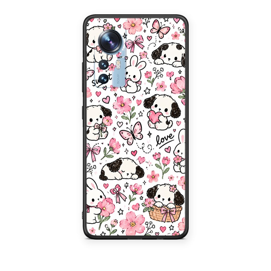 Θήκη Xiaomi 12 / 12X 5G Pink Florals Puppies and Bunnies on White από τη Smartfits με σχέδιο στο πίσω μέρος και μαύρο περίβλημα | Xiaomi 12 / 12X 5G Pink Florals Puppies and Bunnies on White case with colorful back and black bezels