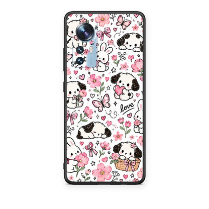 Θήκη Xiaomi 12 / 12X 5G Pink Florals Puppies and Bunnies on White από τη Smartfits με σχέδιο στο πίσω μέρος και μαύρο περίβλημα | Xiaomi 12 / 12X 5G Pink Florals Puppies and Bunnies on White case with colorful back and black bezels