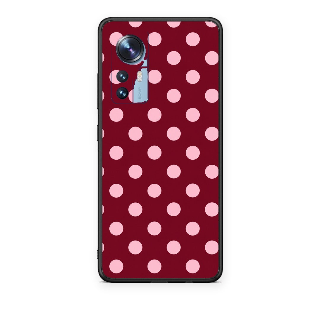 Θήκη Xiaomi 12 / 12X 5G Pink Polka Dots on Burgundy από τη Smartfits με σχέδιο στο πίσω μέρος και μαύρο περίβλημα | Xiaomi 12 / 12X 5G Pink Polka Dots on Burgundy case with colorful back and black bezels