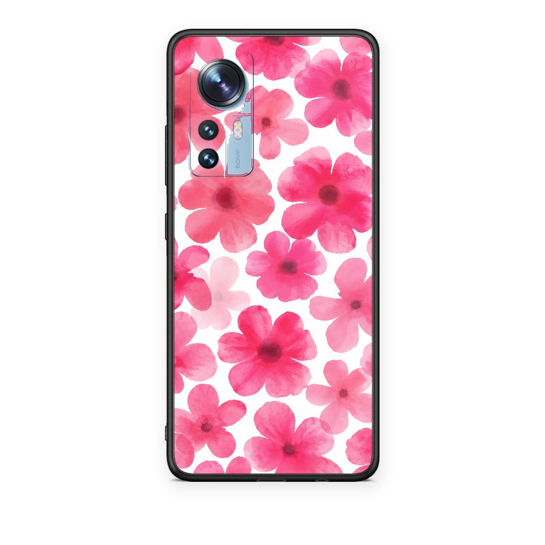 Θήκη Xiaomi 12 / 12X 5G Pink Watercolour Flowers on White από τη Smartfits με σχέδιο στο πίσω μέρος και μαύρο περίβλημα | Xiaomi 12 / 12X 5G Pink Watercolour Flowers on White case with colorful back and black bezels