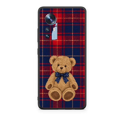 Θήκη Xiaomi 12 / 12X 5G Teddy Bear on Red and Navy Tartan από τη Smartfits με σχέδιο στο πίσω μέρος και μαύρο περίβλημα | Xiaomi 12 / 12X 5G Teddy Bear on Red and Navy Tartan case with colorful back and black bezels