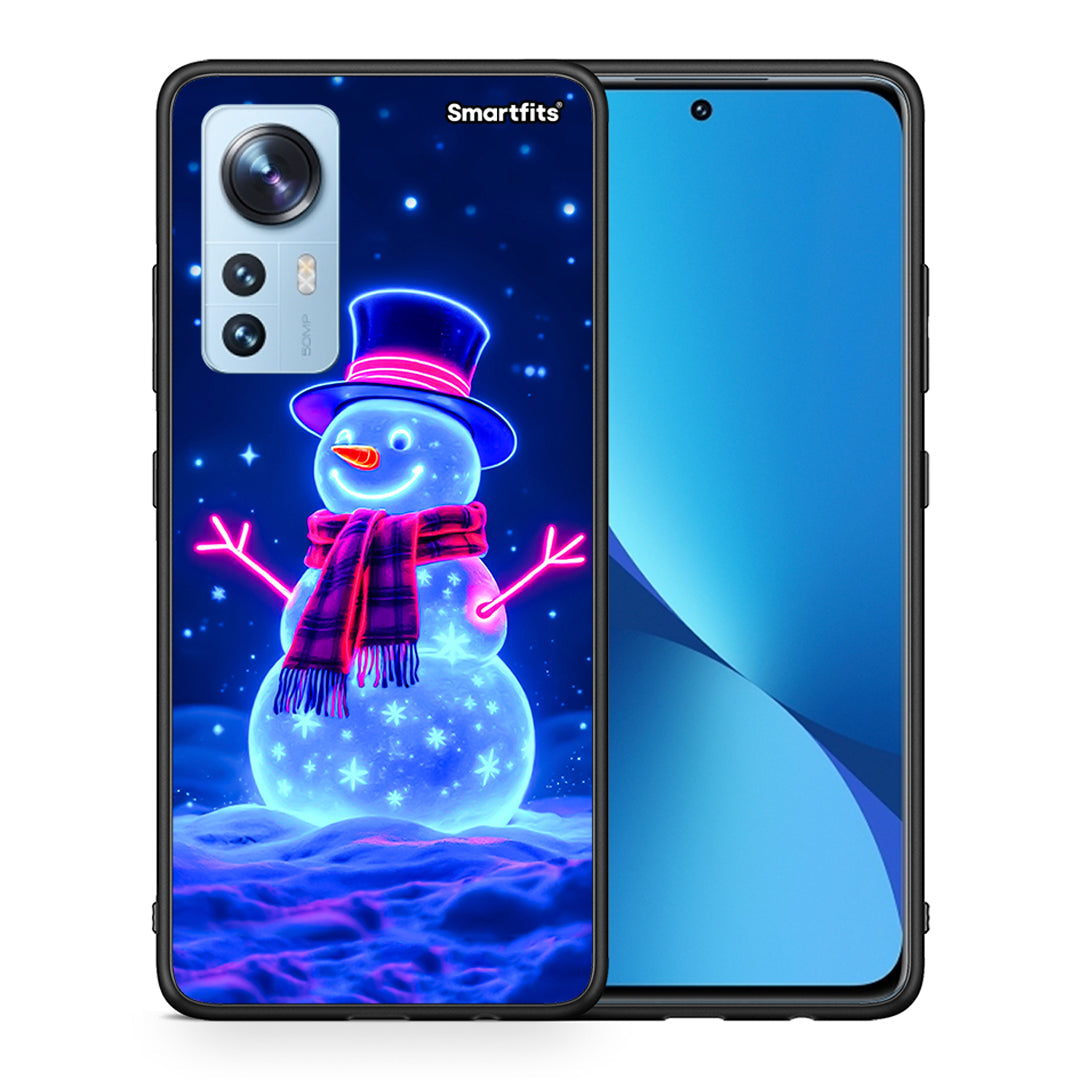 Θήκη Xiaomi 12/12X 5G Christmas Neon Snowman από τη Smartfits με σχέδιο στο πίσω μέρος και μαύρο περίβλημα | Xiaomi 12/12X 5G Christmas Neon Snowman case with colorful back and black bezels