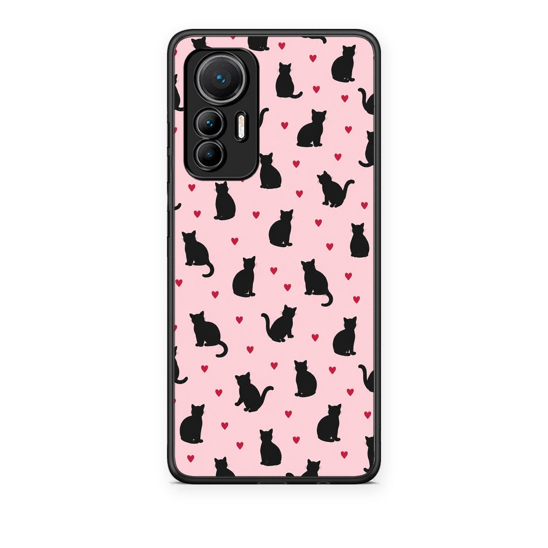 Θήκη Xiaomi 12 Lite 5G Black Cat Silhouettes and Hearts on Pink από τη Smartfits με σχέδιο στο πίσω μέρος και μαύρο περίβλημα | Xiaomi 12 Lite 5G Black Cat Silhouettes and Hearts on Pink case with colorful back and black bezels