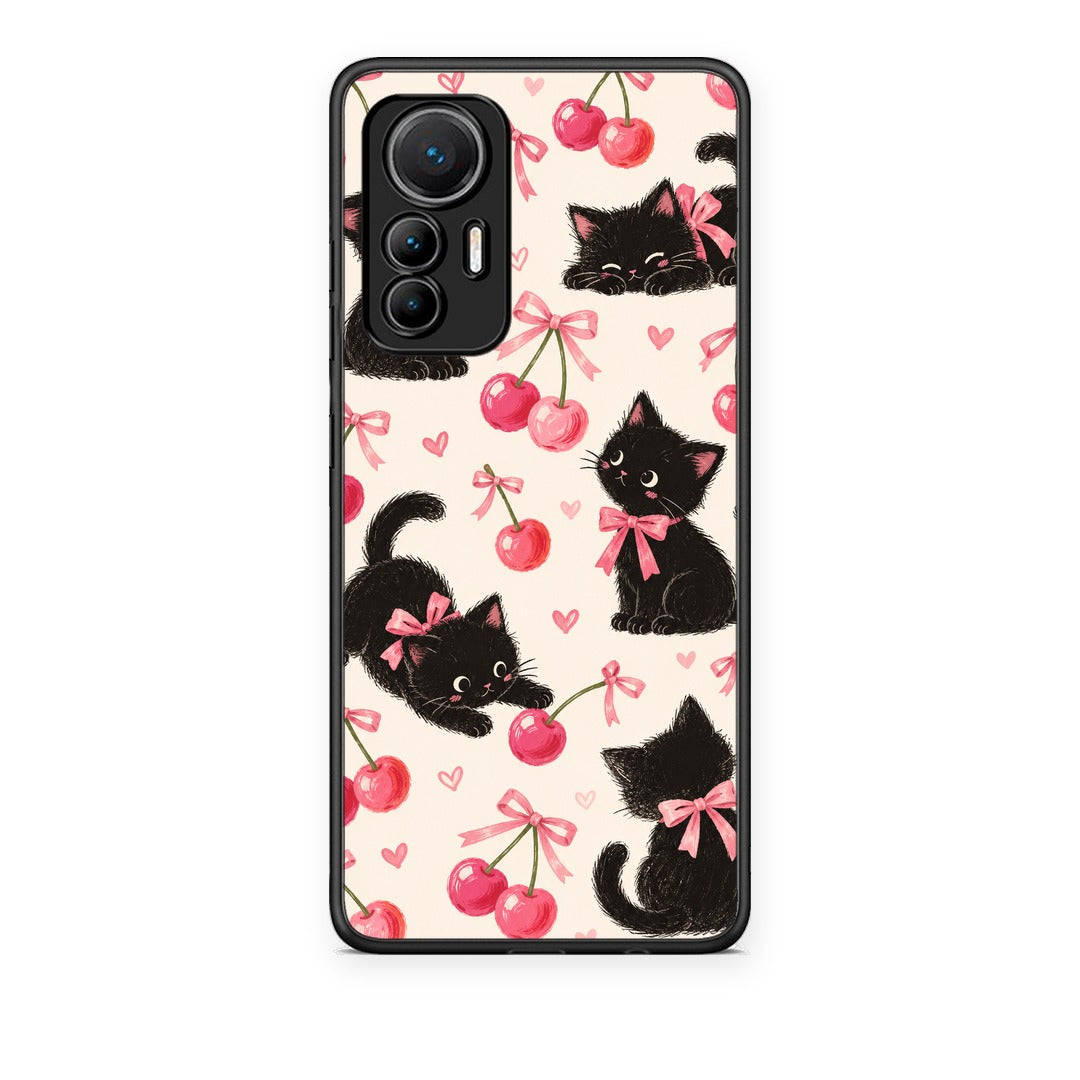 Θήκη Xiaomi 12 Lite 5G Black Kittens and Cherries on Cream από τη Smartfits με σχέδιο στο πίσω μέρος και μαύρο περίβλημα | Xiaomi 12 Lite 5G Black Kittens and Cherries on Cream case with colorful back and black bezels