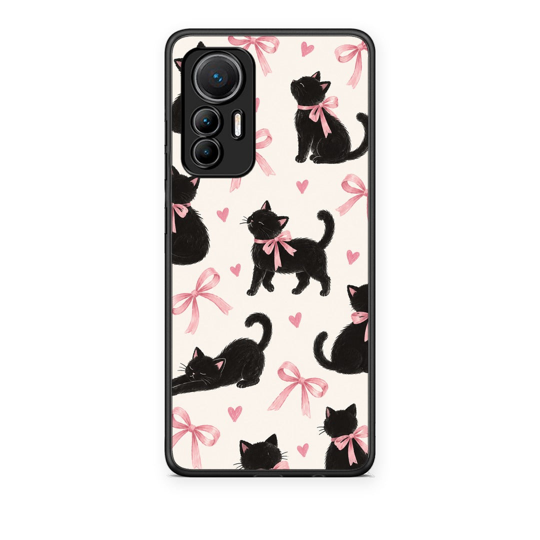 Θήκη Xiaomi 12 Lite 5G Black Kittens and Pink Bows on Cream Large από τη Smartfits με σχέδιο στο πίσω μέρος και μαύρο περίβλημα | Xiaomi 12 Lite 5G Black Kittens and Pink Bows on Cream Large case with colorful back and black bezels