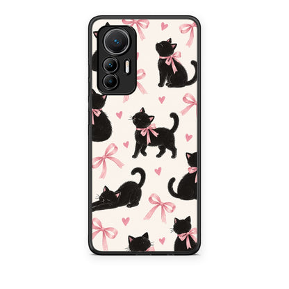Θήκη Xiaomi 12 Lite 5G Black Kittens and Pink Bows on Cream Large από τη Smartfits με σχέδιο στο πίσω μέρος και μαύρο περίβλημα | Xiaomi 12 Lite 5G Black Kittens and Pink Bows on Cream Large case with colorful back and black bezels