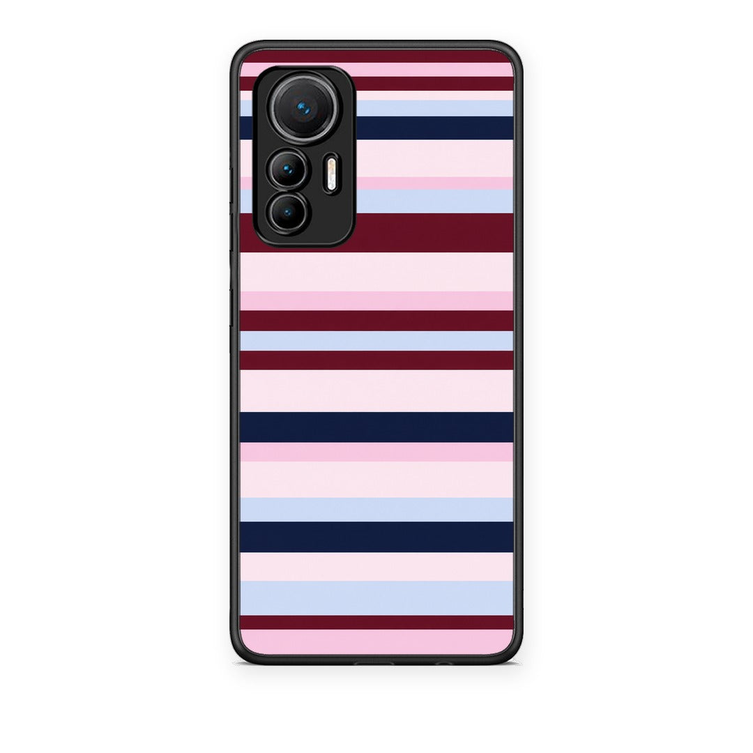 Θήκη Xiaomi 12 Lite 5G Burgundy Pink and Blue Horizontal Stripes από τη Smartfits με σχέδιο στο πίσω μέρος και μαύρο περίβλημα | Xiaomi 12 Lite 5G Burgundy Pink and Blue Horizontal Stripes case with colorful back and black bezels