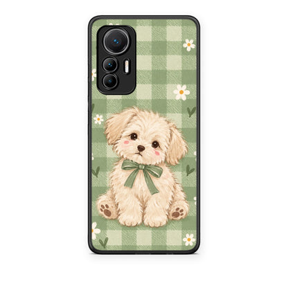 Θήκη Xiaomi 12 Lite 5G Puppy and Daisies on Sage Gingham από τη Smartfits με σχέδιο στο πίσω μέρος και μαύρο περίβλημα | Xiaomi 12 Lite 5G Puppy and Daisies on Sage Gingham case with colorful back and black bezels