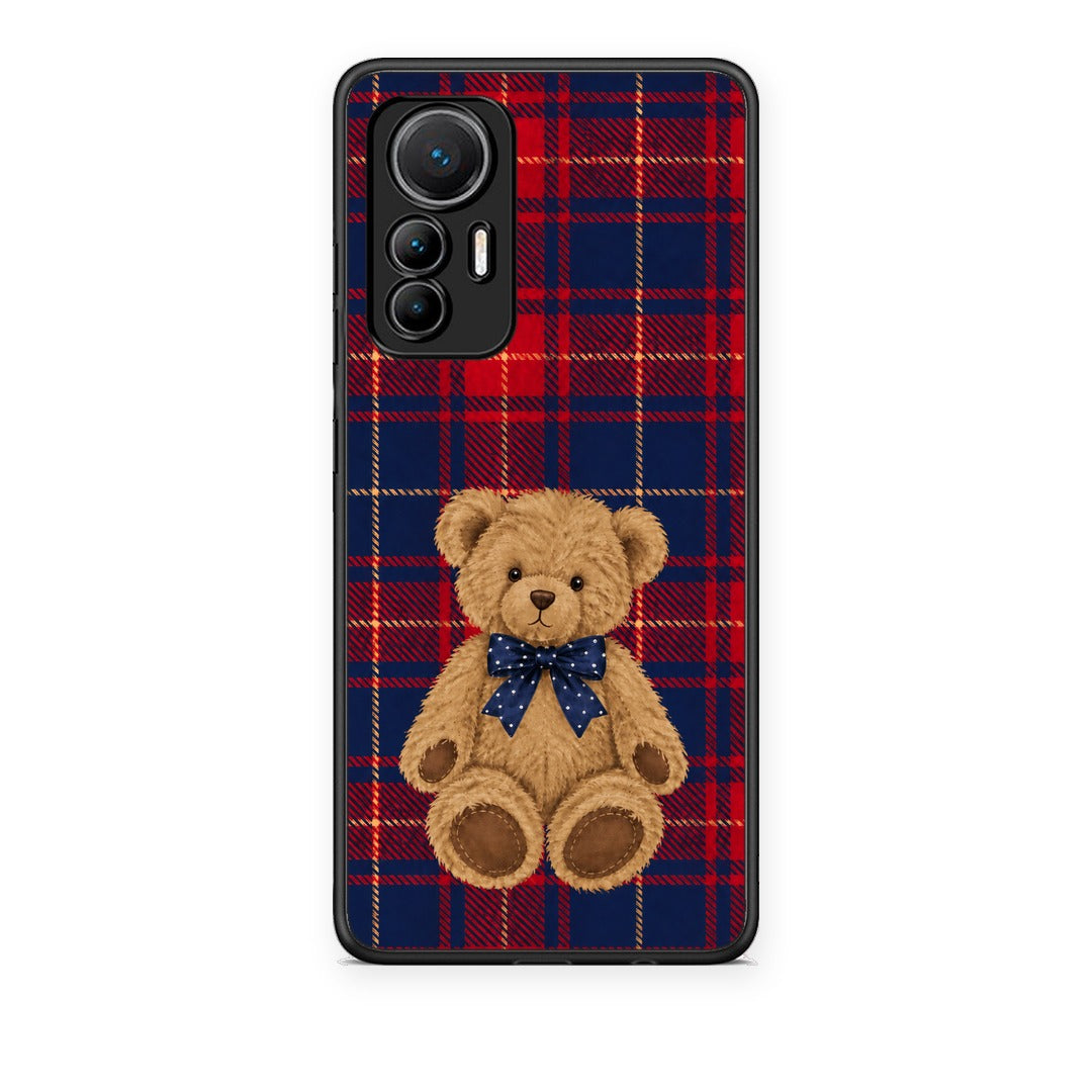 Θήκη Xiaomi 12 Lite 5G Teddy Bear on Red and Navy Tartan από τη Smartfits με σχέδιο στο πίσω μέρος και μαύρο περίβλημα | Xiaomi 12 Lite 5G Teddy Bear on Red and Navy Tartan case with colorful back and black bezels