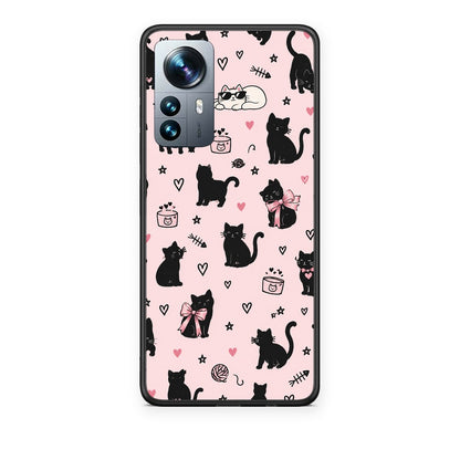 Θήκη Xiaomi 12 Pro Black Cat Doodles on Pink από τη Smartfits με σχέδιο στο πίσω μέρος και μαύρο περίβλημα | Xiaomi 12 Pro Black Cat Doodles on Pink case with colorful back and black bezels