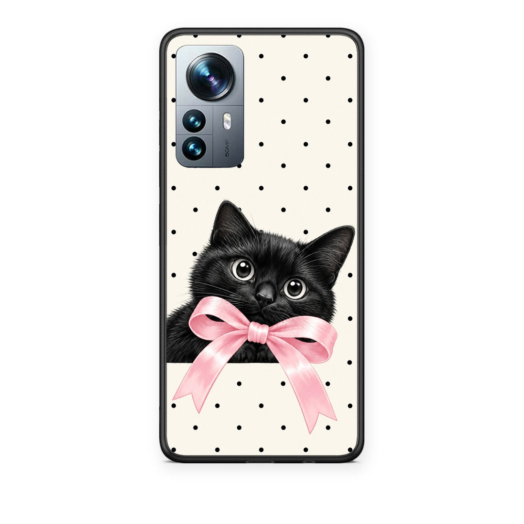 Θήκη Xiaomi 12 Pro Black Kitten Pink Bow and Polka Dots από τη Smartfits με σχέδιο στο πίσω μέρος και μαύρο περίβλημα | Xiaomi 12 Pro Black Kitten Pink Bow and Polka Dots case with colorful back and black bezels
