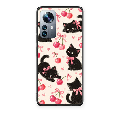 Θήκη Xiaomi 12 Pro Black Kittens and Cherries on Cream από τη Smartfits με σχέδιο στο πίσω μέρος και μαύρο περίβλημα | Xiaomi 12 Pro Black Kittens and Cherries on Cream case with colorful back and black bezels