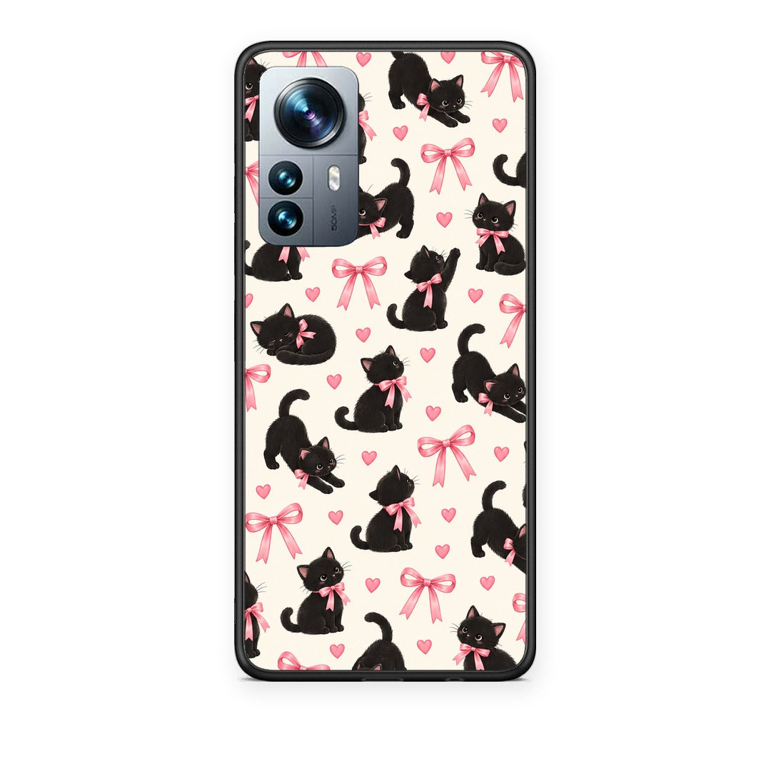 Θήκη Xiaomi 12 Pro Black Kittens and Pink Bows on Cream Small από τη Smartfits με σχέδιο στο πίσω μέρος και μαύρο περίβλημα | Xiaomi 12 Pro Black Kittens and Pink Bows on Cream Small case with colorful back and black bezels
