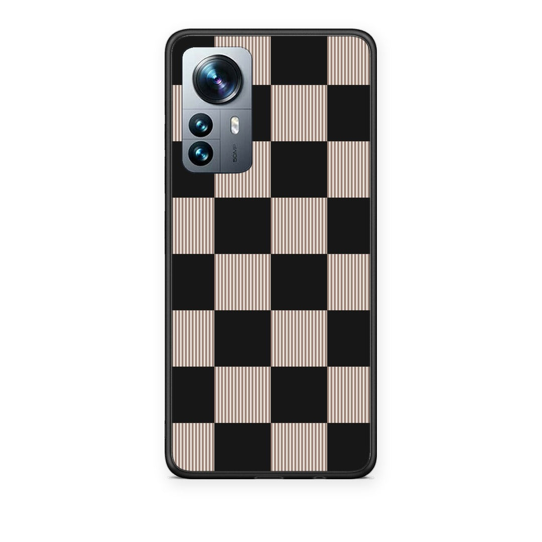 Θήκη Xiaomi 12 Pro Black and Taupe Striped Checks από τη Smartfits με σχέδιο στο πίσω μέρος και μαύρο περίβλημα | Xiaomi 12 Pro Black and Taupe Striped Checks case with colorful back and black bezels