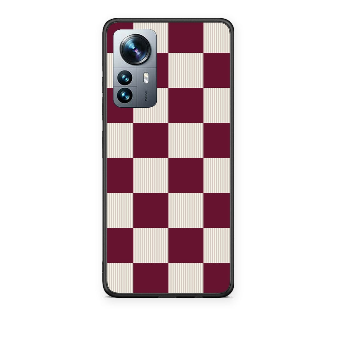 Θήκη Xiaomi 12 Pro Burgundy and Cream Striped Checks από τη Smartfits με σχέδιο στο πίσω μέρος και μαύρο περίβλημα | Xiaomi 12 Pro Burgundy and Cream Striped Checks case with colorful back and black bezels