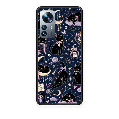Θήκη Xiaomi 12 Pro Celestial Black Cats on Navy από τη Smartfits με σχέδιο στο πίσω μέρος και μαύρο περίβλημα | Xiaomi 12 Pro Celestial Black Cats on Navy case with colorful back and black bezels