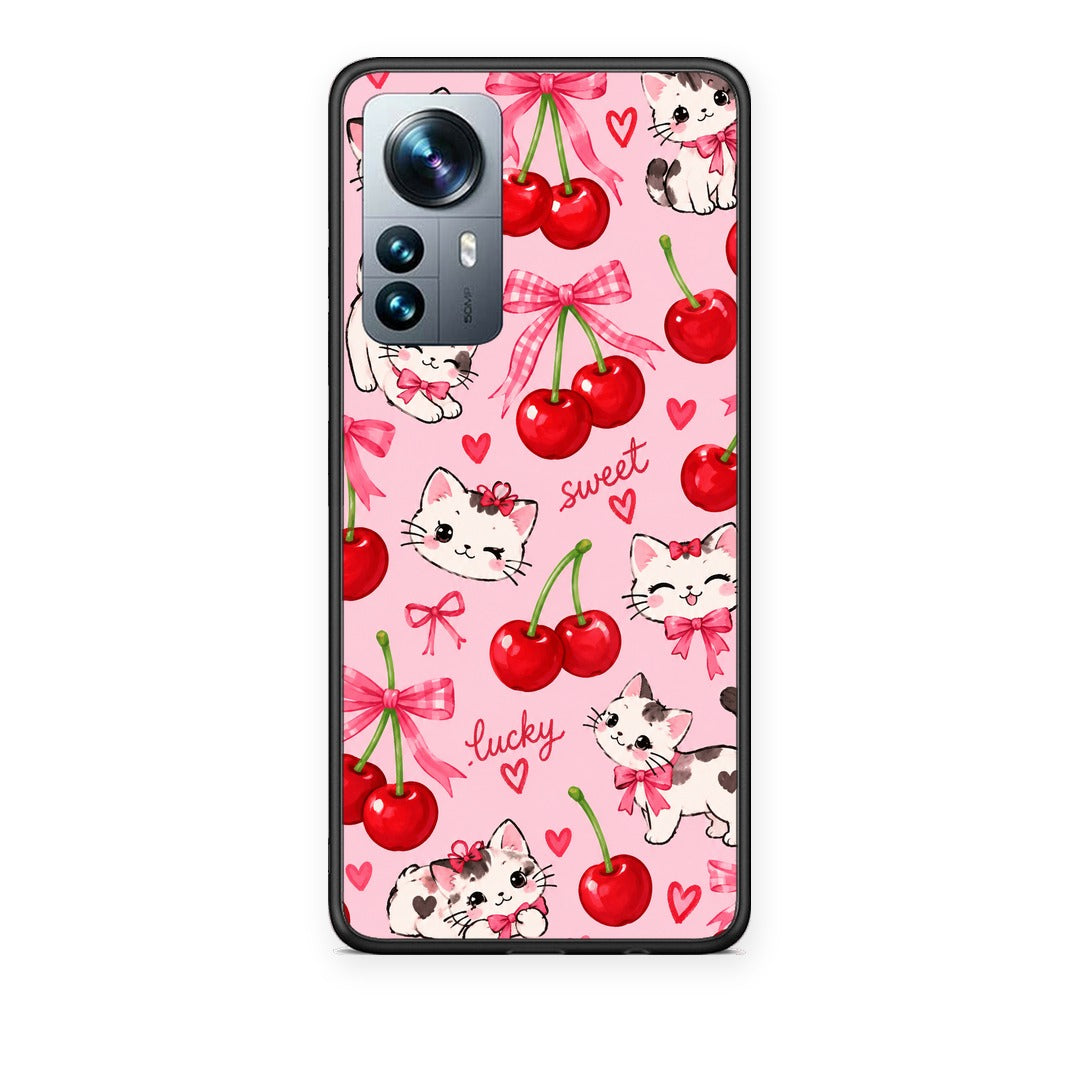 Θήκη Xiaomi 12 Pro Cherries Bows and Kittens on Pink από τη Smartfits με σχέδιο στο πίσω μέρος και μαύρο περίβλημα | Xiaomi 12 Pro Cherries Bows and Kittens on Pink case with colorful back and black bezels