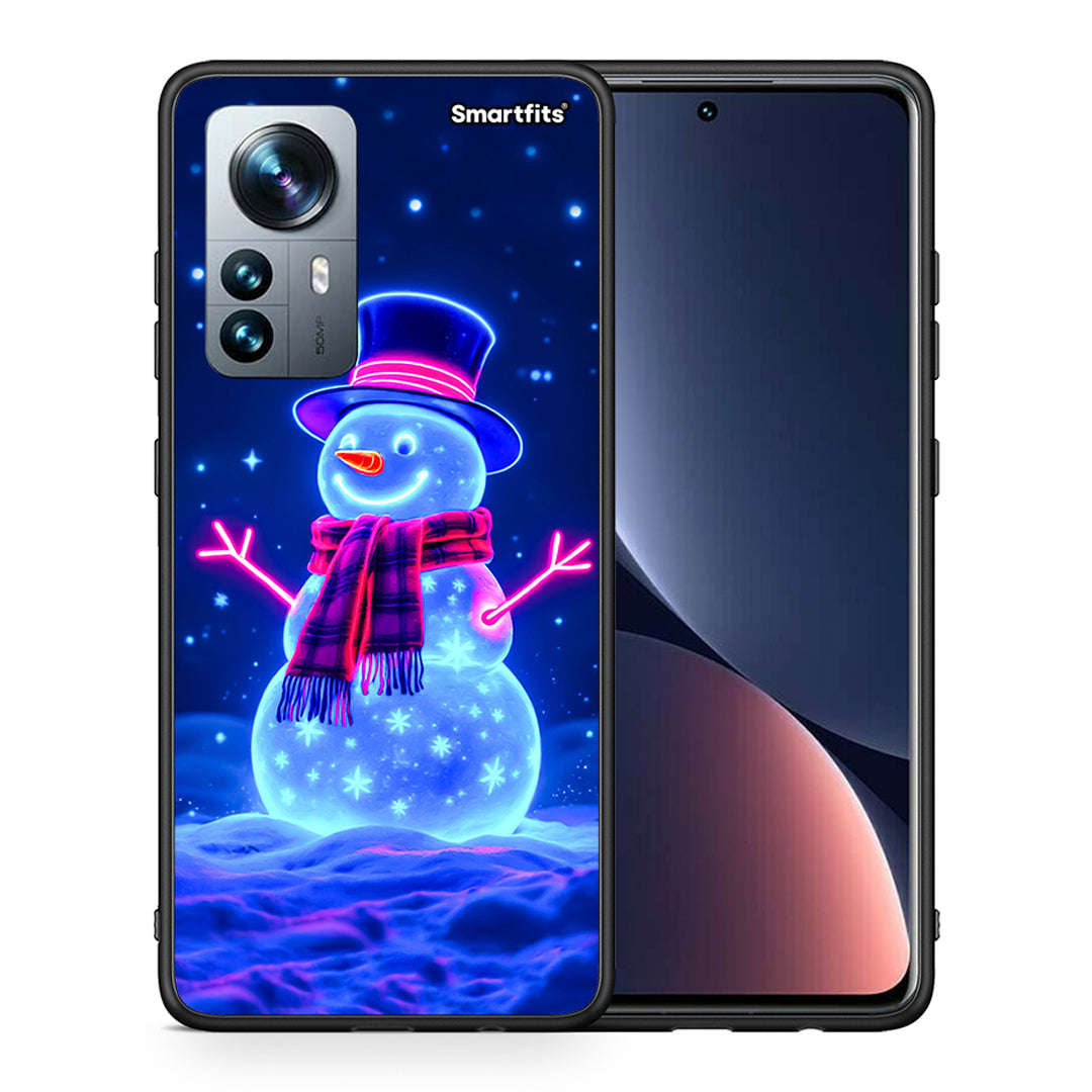 Θήκη Xiaomi 12 Pro Christmas Neon Snowman από τη Smartfits με σχέδιο στο πίσω μέρος και μαύρο περίβλημα | Xiaomi 12 Pro Christmas Neon Snowman case with colorful back and black bezels