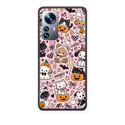 Θήκη Xiaomi 12 Pro Halloween Cute Animals on Pink από τη Smartfits με σχέδιο στο πίσω μέρος και μαύρο περίβλημα | Xiaomi 12 Pro Halloween Cute Animals on Pink case with colorful back and black bezels