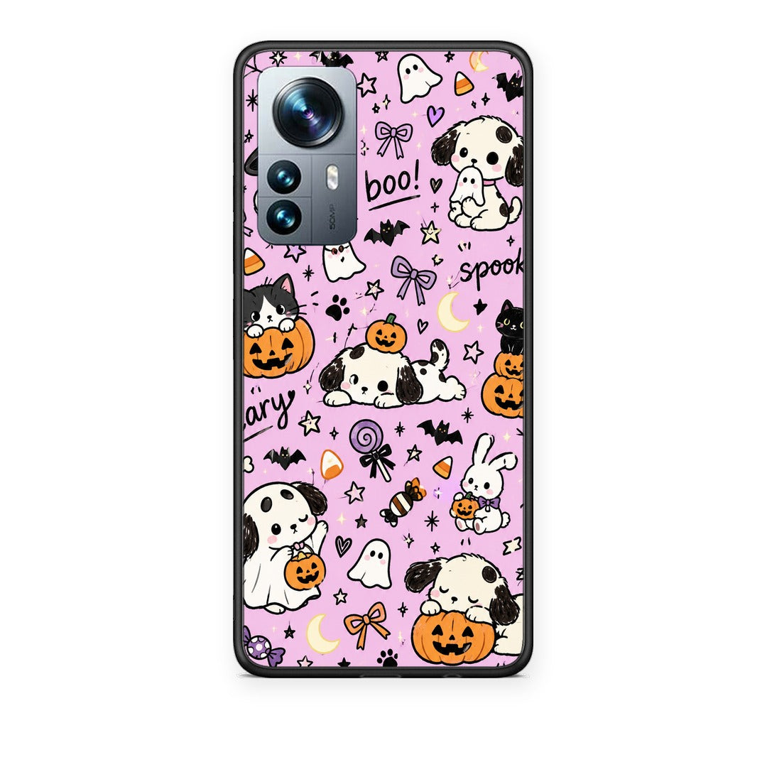 Θήκη Xiaomi 12 Pro Halloween Puppies and Friends on Lilac από τη Smartfits με σχέδιο στο πίσω μέρος και μαύρο περίβλημα | Xiaomi 12 Pro Halloween Puppies and Friends on Lilac case with colorful back and black bezels