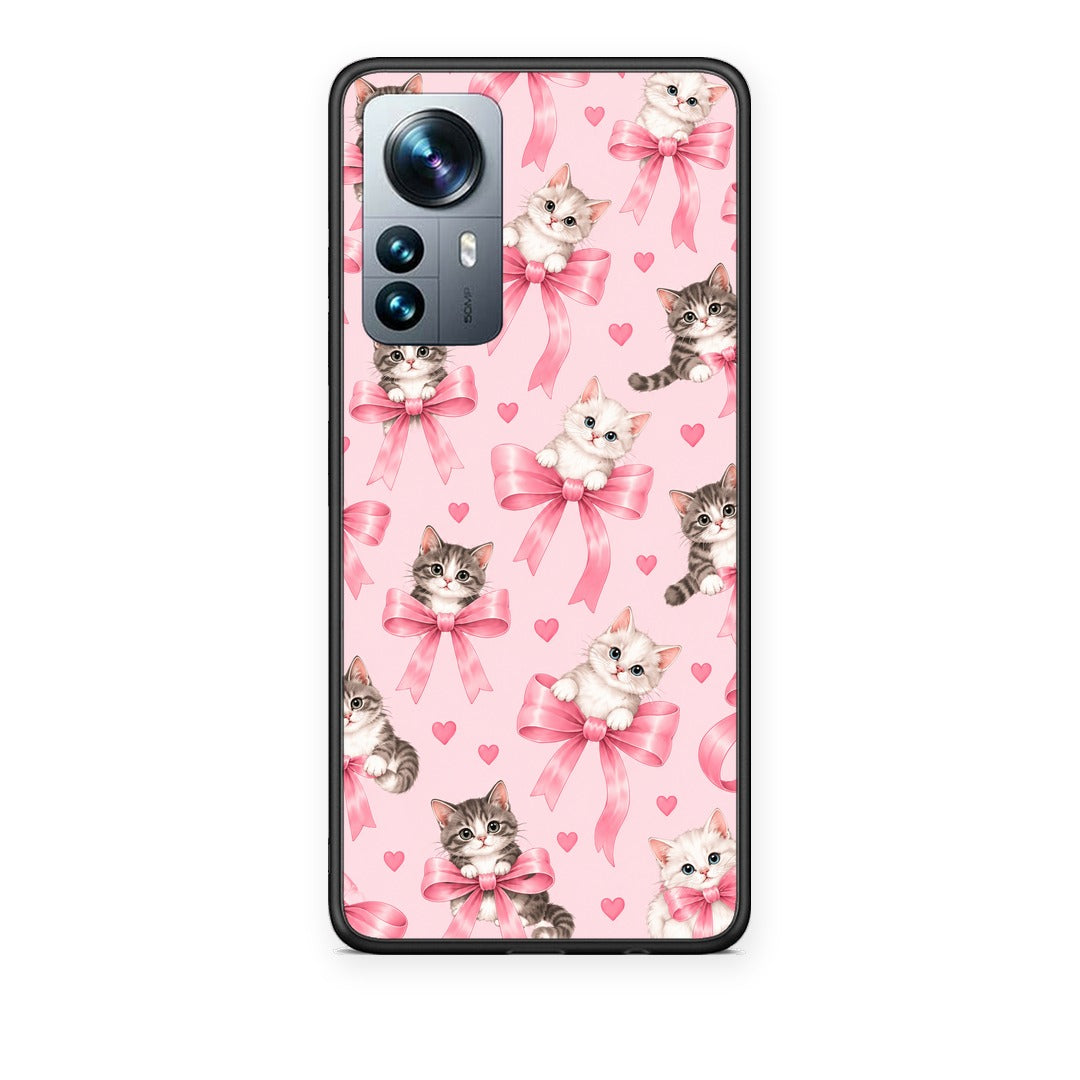 Θήκη Xiaomi 12 Pro Kittens and Pink Bows on Pink από τη Smartfits με σχέδιο στο πίσω μέρος και μαύρο περίβλημα | Xiaomi 12 Pro Kittens and Pink Bows on Pink case with colorful back and black bezels