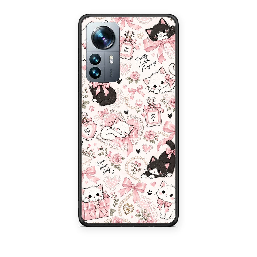 Θήκη Xiaomi 12 Pro Pink Bows and Kittens Collage από τη Smartfits με σχέδιο στο πίσω μέρος και μαύρο περίβλημα | Xiaomi 12 Pro Pink Bows and Kittens Collage case with colorful back and black bezels