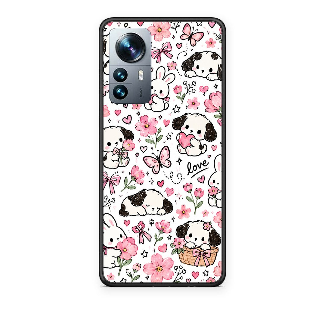 Θήκη Xiaomi 12 Pro Pink Florals Puppies and Bunnies on White από τη Smartfits με σχέδιο στο πίσω μέρος και μαύρο περίβλημα | Xiaomi 12 Pro Pink Florals Puppies and Bunnies on White case with colorful back and black bezels