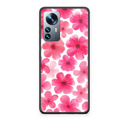 Θήκη Xiaomi 12 Pro Pink Watercolour Flowers on White από τη Smartfits με σχέδιο στο πίσω μέρος και μαύρο περίβλημα | Xiaomi 12 Pro Pink Watercolour Flowers on White case with colorful back and black bezels