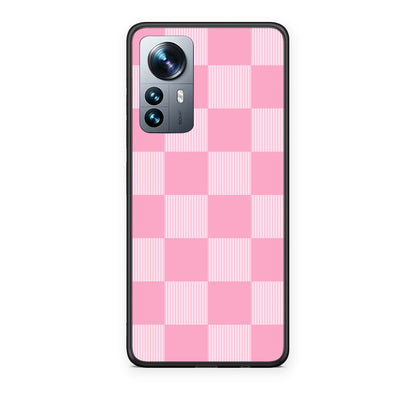 Θήκη Xiaomi 12 Pro Pink and White Striped Checks από τη Smartfits με σχέδιο στο πίσω μέρος και μαύρο περίβλημα | Xiaomi 12 Pro Pink and White Striped Checks case with colorful back and black bezels