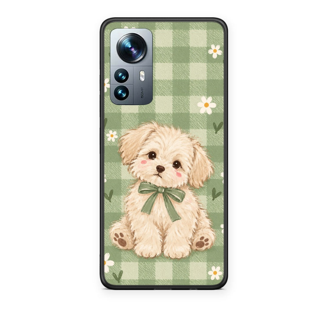 Θήκη Xiaomi 12 Pro Puppy and Daisies on Sage Gingham από τη Smartfits με σχέδιο στο πίσω μέρος και μαύρο περίβλημα | Xiaomi 12 Pro Puppy and Daisies on Sage Gingham case with colorful back and black bezels