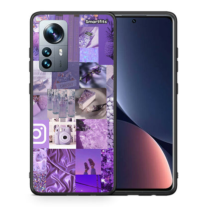 Θήκη Xiaomi 12 Pro Purple Aesthetic Collage από τη Smartfits με σχέδιο στο πίσω μέρος και μαύρο περίβλημα | Xiaomi 12 Pro Purple Aesthetic Collage case with colorful back and black bezels